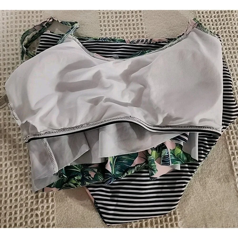 Tropical‎ Bikini Swimsuit Set Womens Sz S  Reversable High Waisted Bottoms EUC